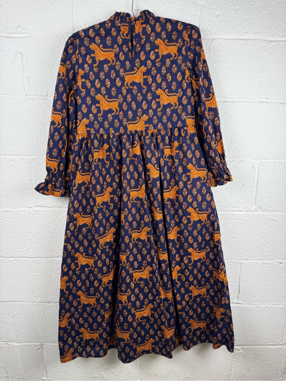 Pink City Prints Tiger Block Print Cotton Midi Dress Ruffle Neck India Size M - Picture 7 of 13